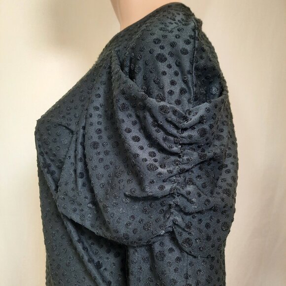 Vintage 80s Blouse Black Ruched Puff Sleeves Womens M Textured Dots - Picture 2 of 7
